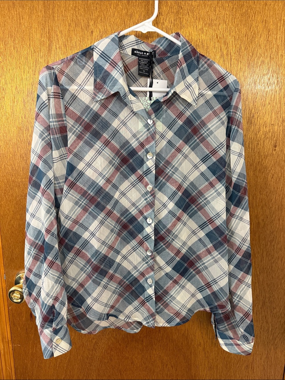 About A Girl Plaid Button-Down Shirt in Blue, White & Red